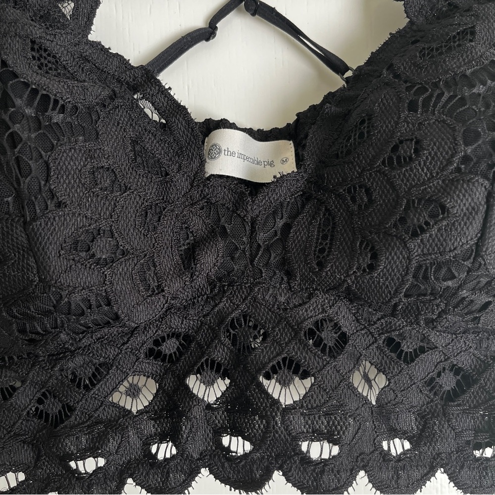 🦋Impeccable Pig| Black Lace Bralette Festival Boho Crochet Crop Top M - Picture 3 of 3